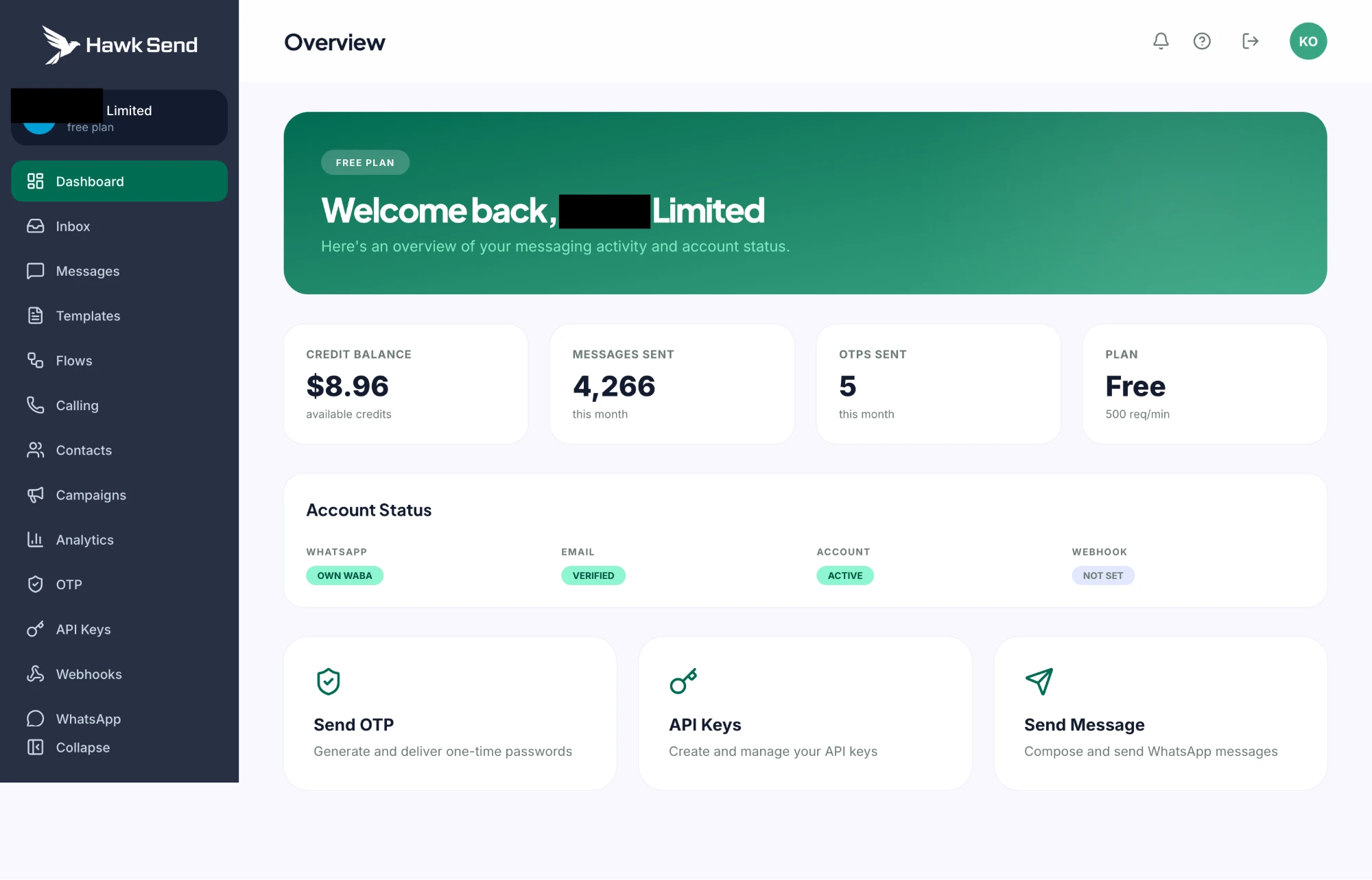 Hawk Send messaging dashboard, a platform founded and built by Foday Kamara